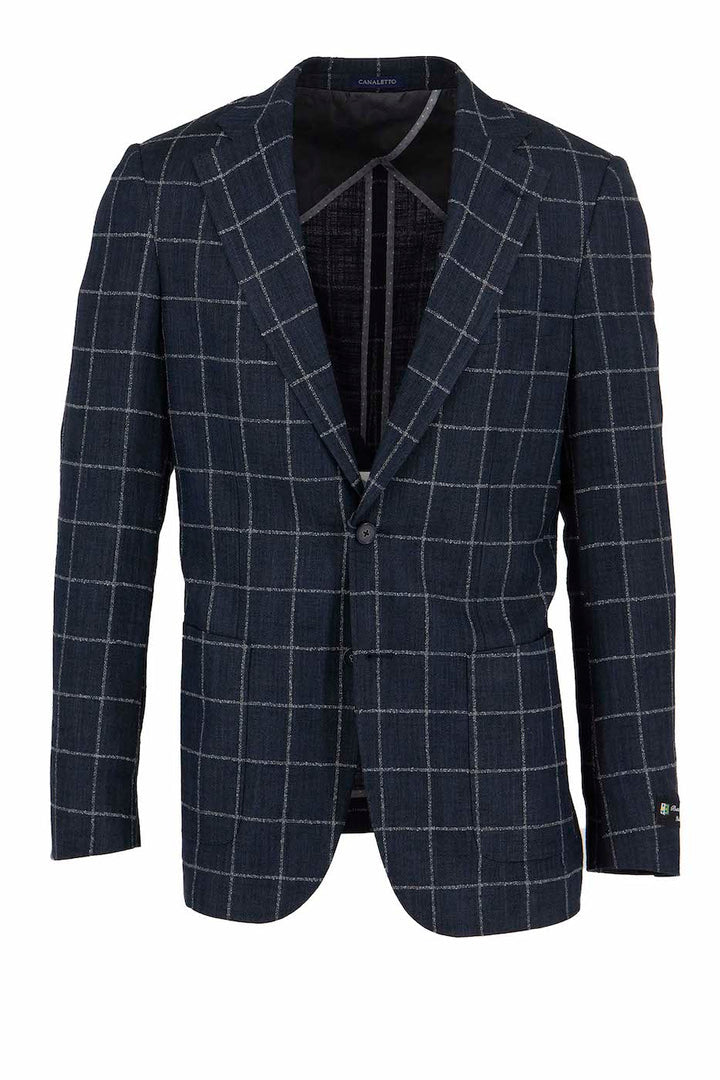 The Canaletto Navy with White Windowpane Veneto/THP Slim Fit Half Lined Bamboo Jacket CU20252514, featuring a notched lapel and two front buttons, showcases exquisite Italian craftsmanship from the front view.