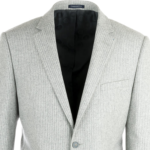 Introducing the CANALETTO Canaletto Sangria Elbow Patches Appliqued Light Gray Stripe Flannel Wool Jacket CN1418/1, expertly tailored with luxury craftsmanship. This sophisticated jacket features notch lapels, a two-button closure, flap pockets, and a single chest pocket, all set against a crisp white background.