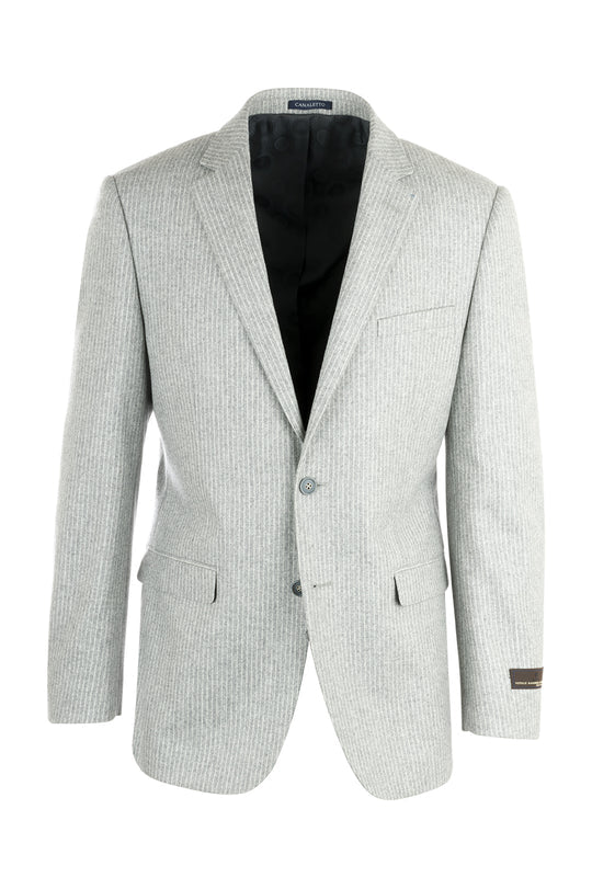 Introducing the CANALETTO Canaletto Sangria Elbow Patches Appliqued Light Gray Stripe Flannel Wool Jacket CN1418/1, expertly tailored with luxury craftsmanship. This sophisticated jacket features notch lapels, a two-button closure, flap pockets, and a single chest pocket, all set against a crisp white background.