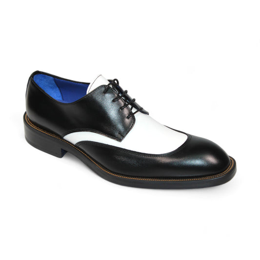 Emilio Franco "Cosimo" black and white leather oxford shoes, crafted in Italy, feature black laces and a striking blue inner lining.