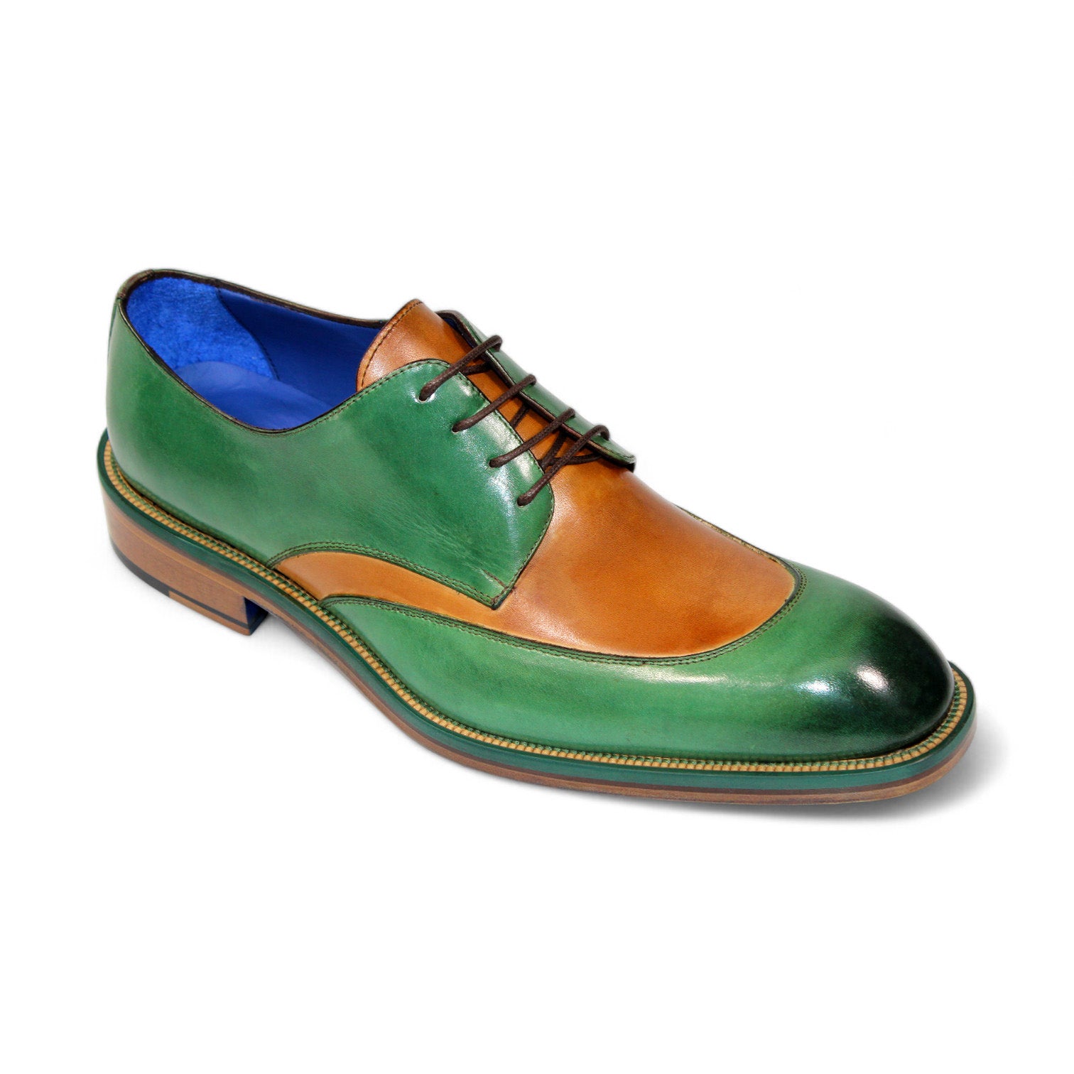 The Emilio Franco "Cosimo" Green/Cognac Shoes, crafted with precision in Italy, feature a blue lining and brown laces, elegantly perched on a wooden sole.