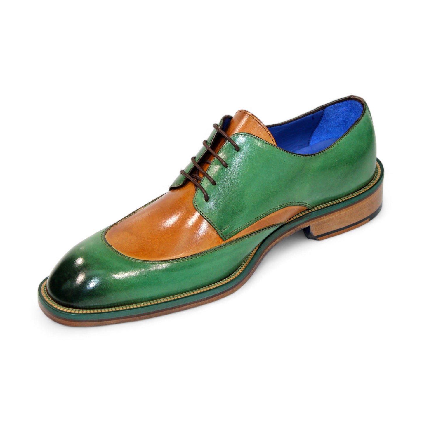 The Emilio Franco "Cosimo" Green/Cognac Shoes, crafted with precision in Italy, feature a blue lining and brown laces, elegantly perched on a wooden sole.