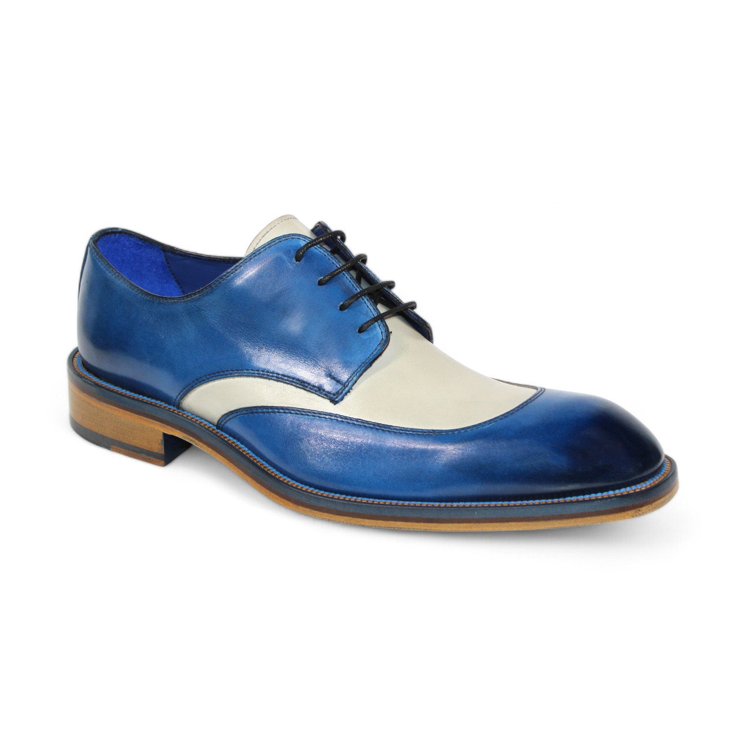 The Emilio Franco "Cosimo" Ocean Blue/Bone Shoes, expertly crafted in Italy, showcase a blue and white leather design with black laces and a refined wooden sole.