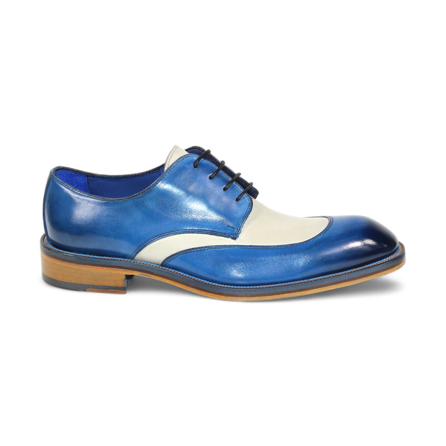 The Emilio Franco "Cosimo" Ocean Blue/Bone Shoes, expertly crafted in Italy, showcase a blue and white leather design with black laces and a refined wooden sole.