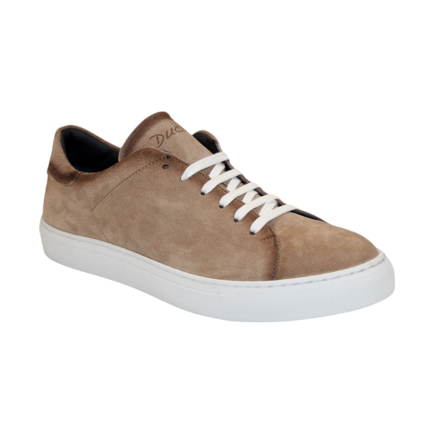 The Duca Di Matiste Cremona (Beige) sneaker, crafted in Italy, showcases an elegant design with embossed weave leather details. This beige sneaker features a side profile view highlighting the white laces and white sole.