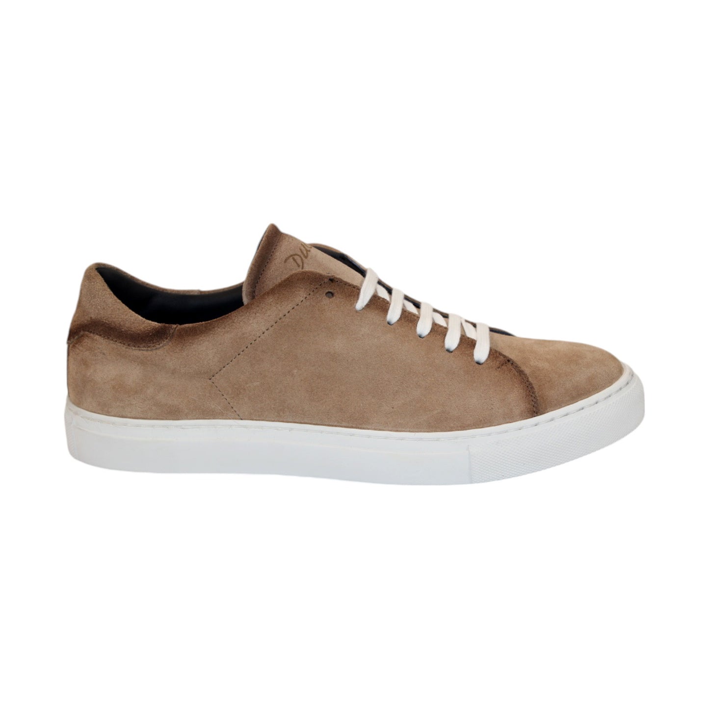 The Duca Di Matiste Cremona (Beige) sneaker, crafted in Italy, showcases an elegant design with embossed weave leather details. This beige sneaker features a side profile view highlighting the white laces and white sole.