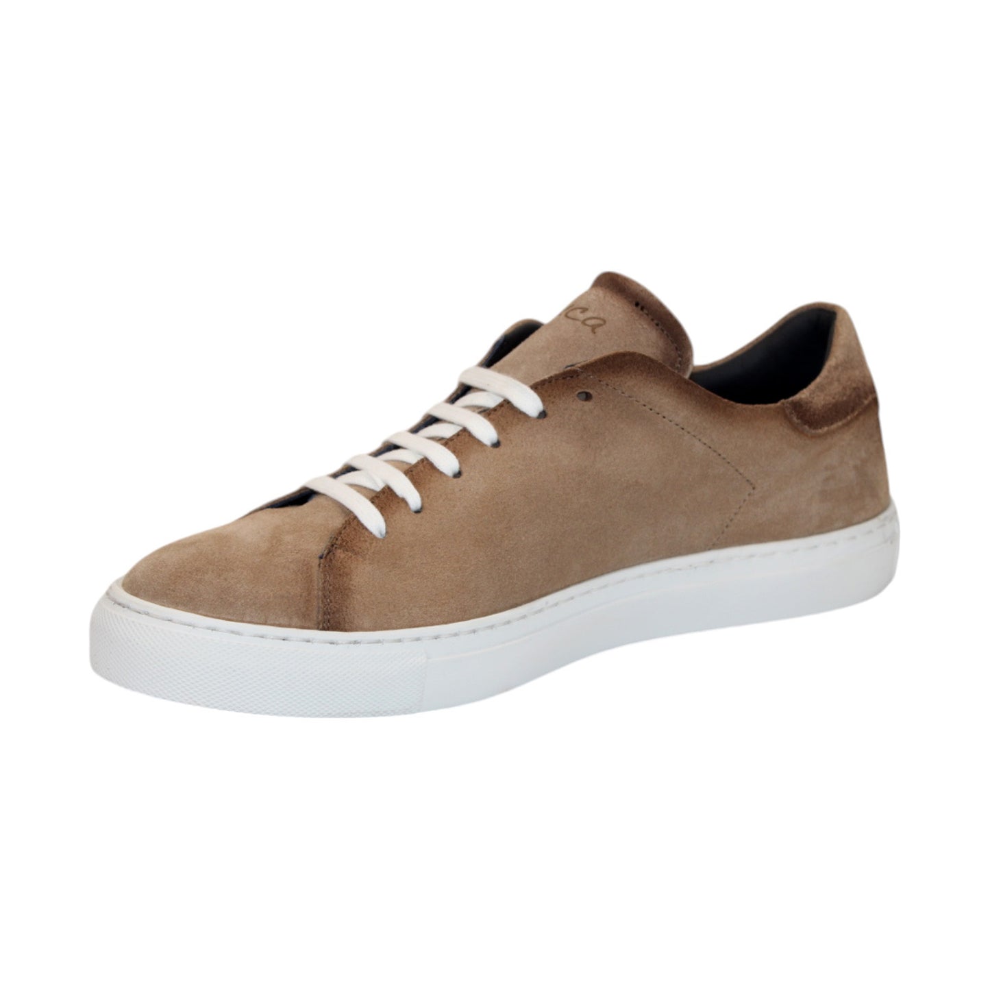 The Duca Di Matiste Cremona (Beige) sneaker, crafted in Italy, showcases an elegant design with embossed weave leather details. This beige sneaker features a side profile view highlighting the white laces and white sole.