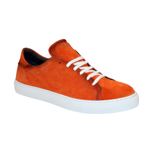 The Duca Di Matiste Cremona (Orange) sneaker, crafted in Italy, features an orange suede design, white laces, and a durable white rubber sole, showcased on a plain background.