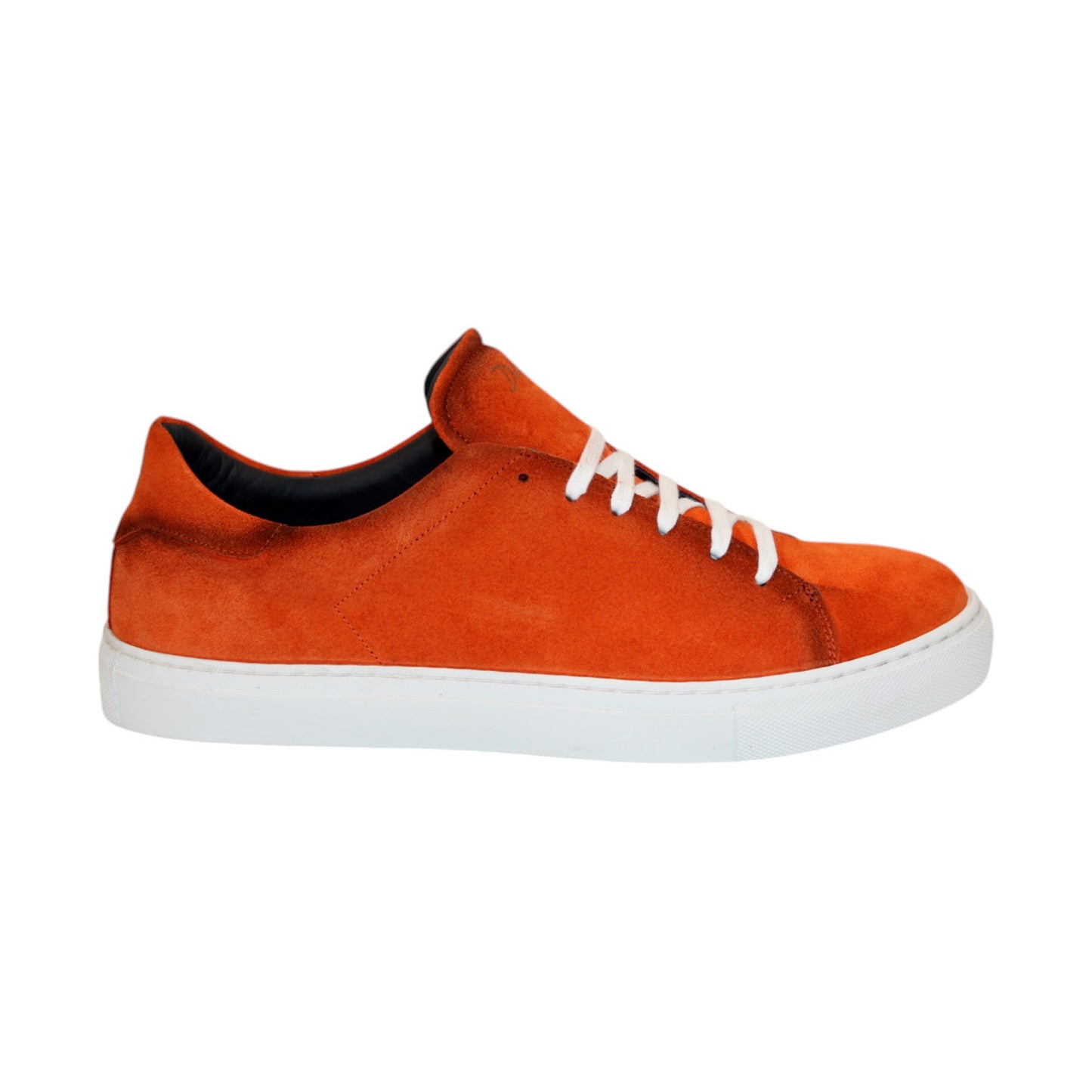 The Duca Di Matiste Cremona (Orange) sneaker, crafted in Italy, features an orange suede design, white laces, and a durable white rubber sole, showcased on a plain background.