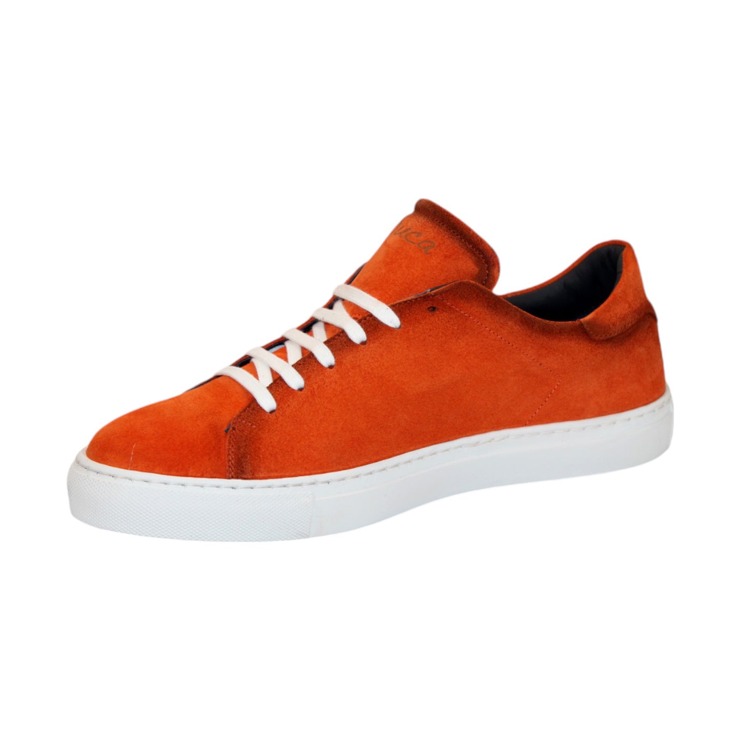 The Duca Di Matiste Cremona (Orange) sneaker, crafted in Italy, features an orange suede design, white laces, and a durable white rubber sole, showcased on a plain background.