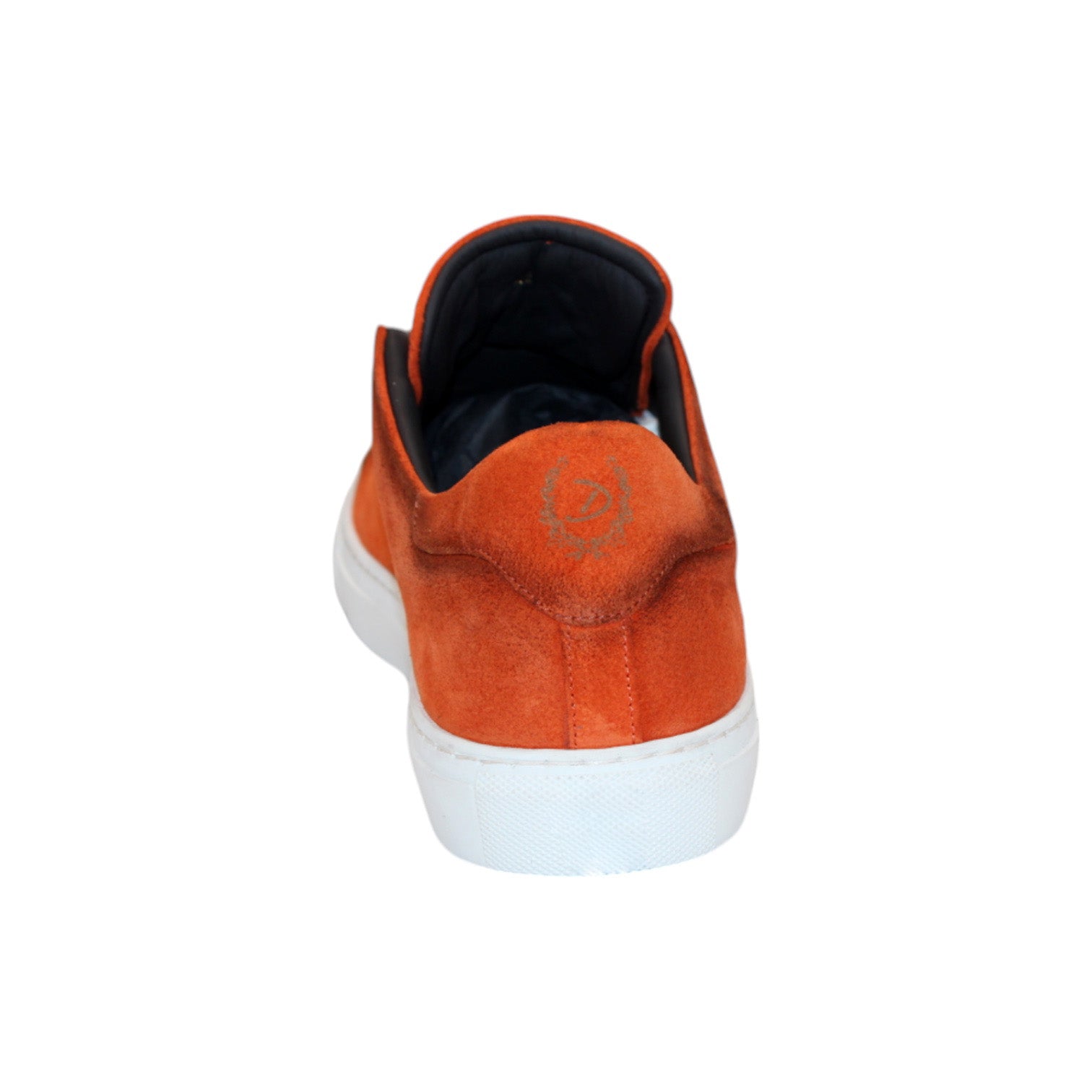 The Duca Di Matiste Cremona (Orange) sneaker, crafted in Italy, features an orange suede design, white laces, and a durable white rubber sole, showcased on a plain background.