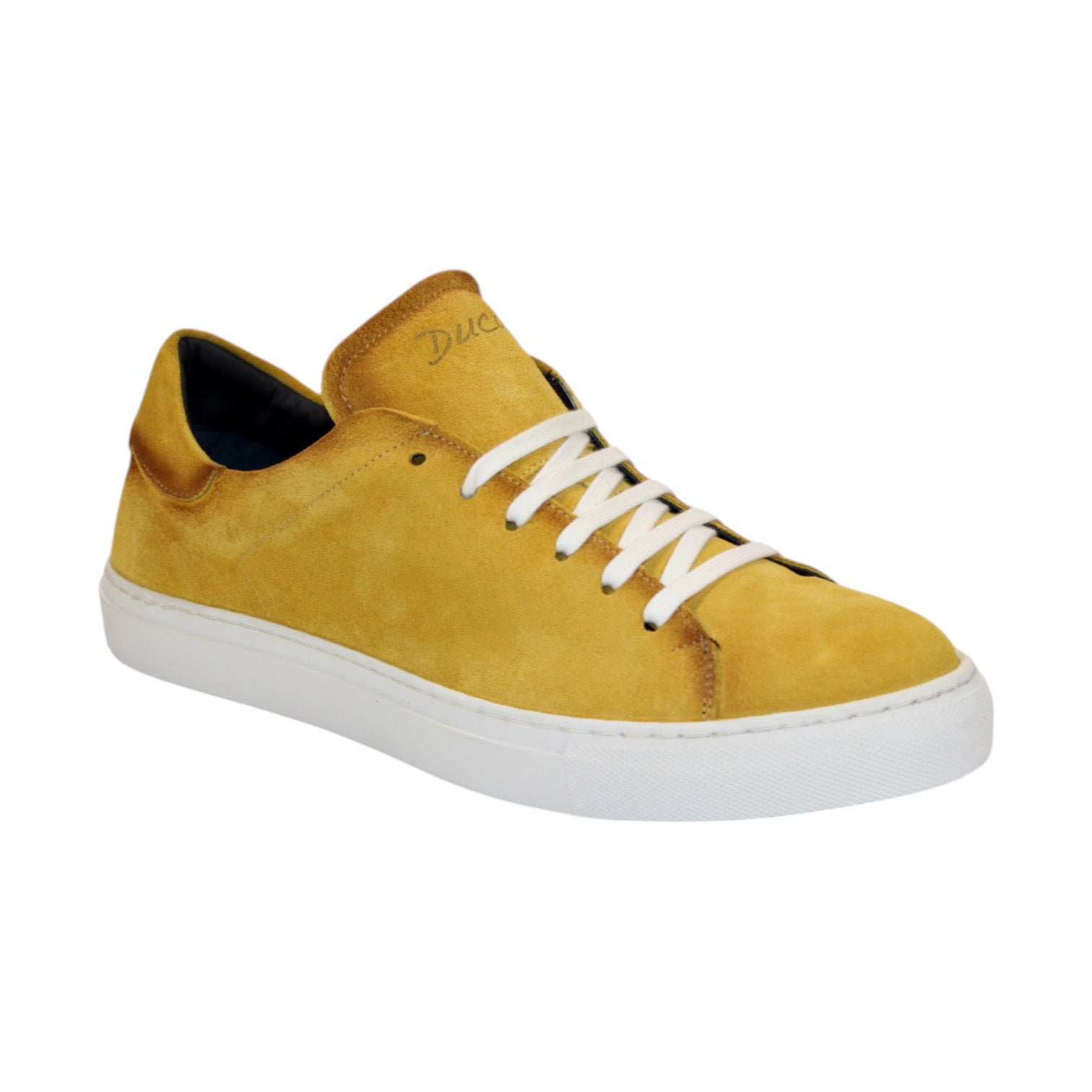 The Duca Di Matiste Cremona in yellow is a suede sneaker with white laces and a durable rubber sole, expertly crafted in Italy.