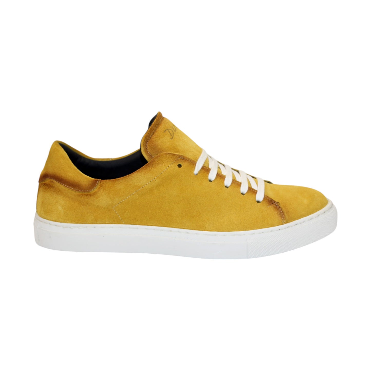 The Duca Di Matiste Cremona in yellow is a suede sneaker with white laces and a durable rubber sole, expertly crafted in Italy.