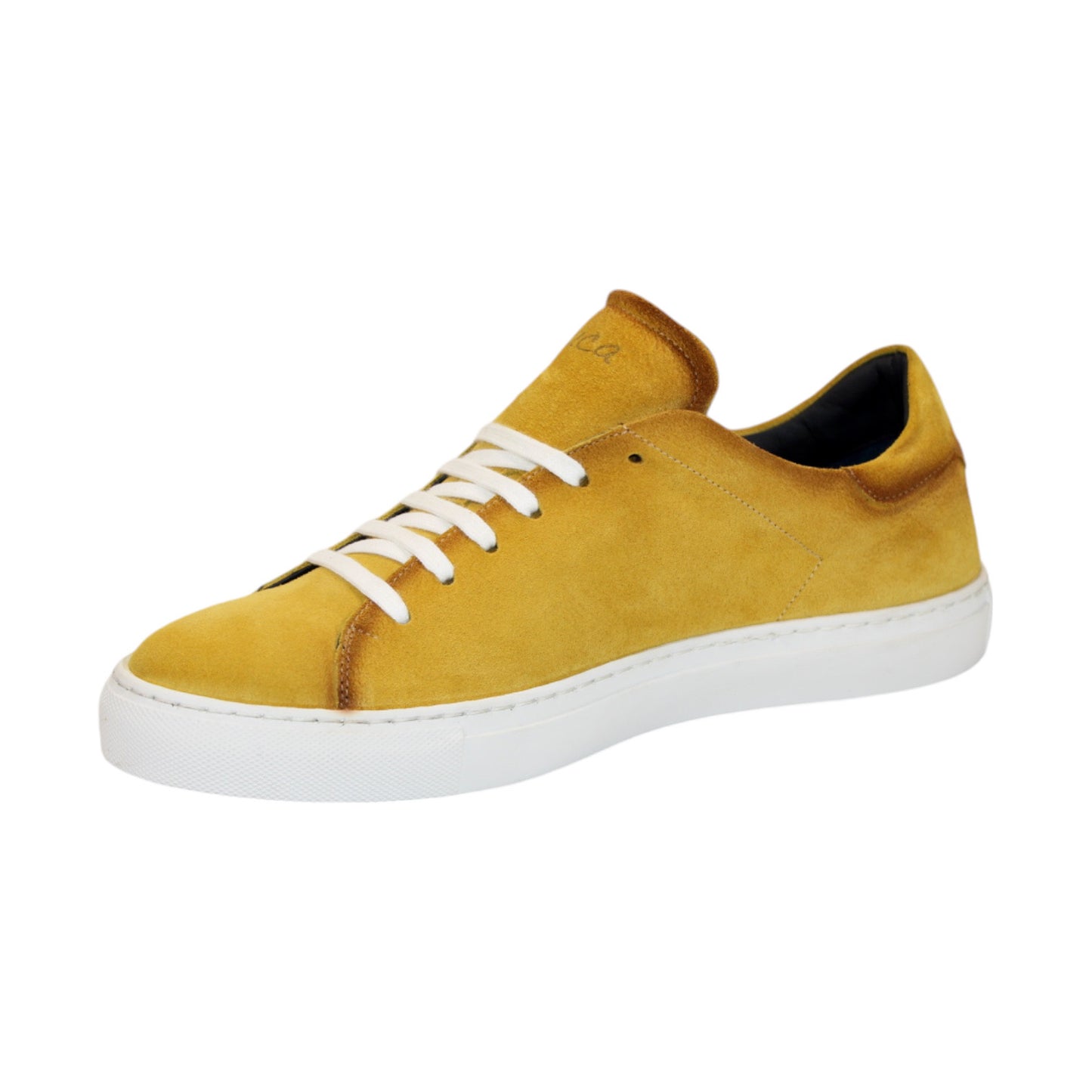 The Duca Di Matiste Cremona in yellow is a suede sneaker with white laces and a durable rubber sole, expertly crafted in Italy.