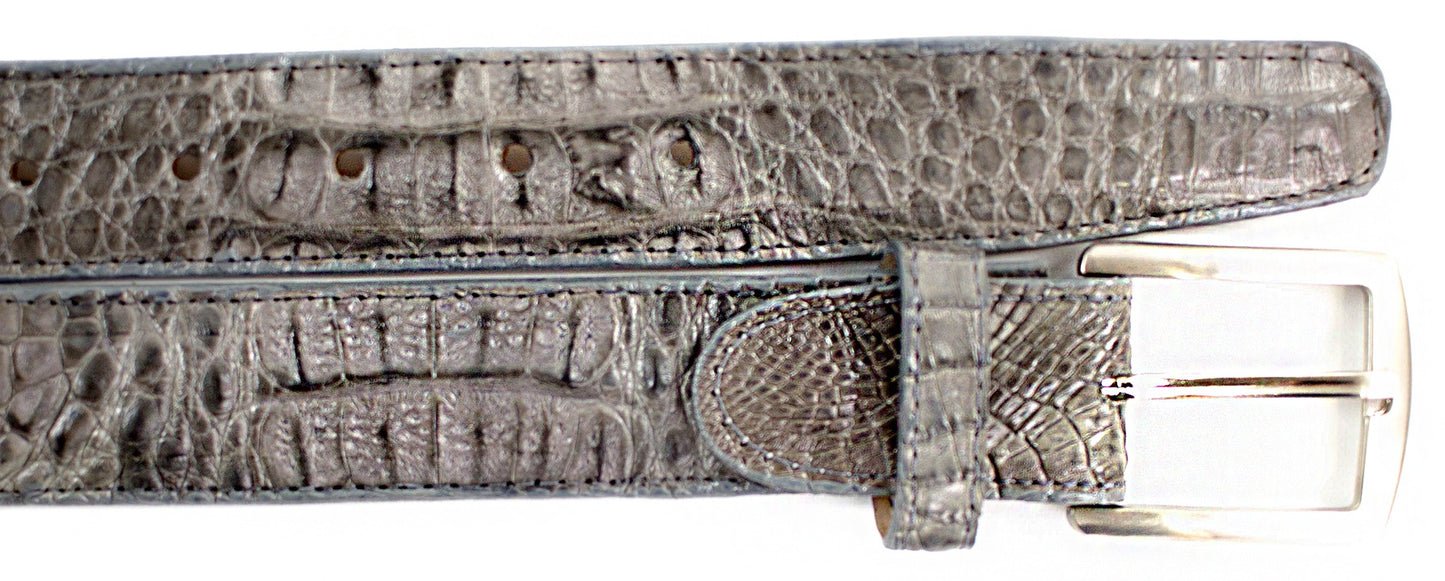 Belvedere's Caiman Crocodilus textured leather belt in blue features a silver buckle and multiple holes for easy adjustments.