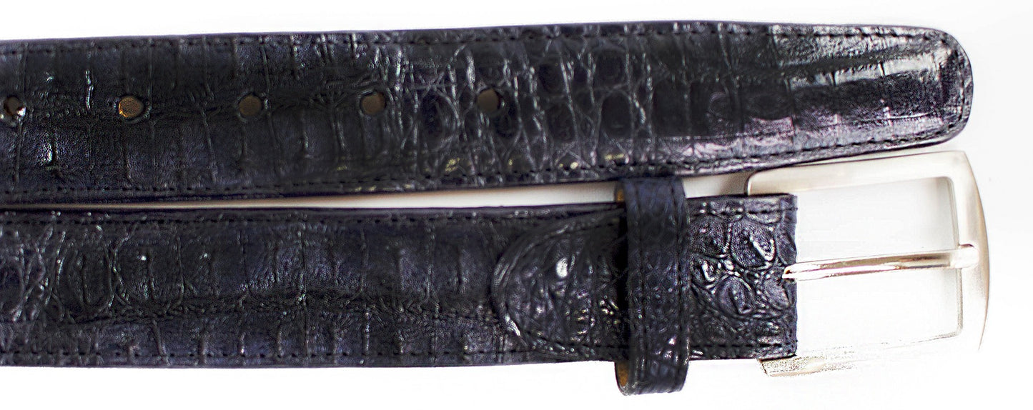 Belvedere's Caiman Crocodilus textured leather belt in blue features a silver buckle and multiple holes for easy adjustments.