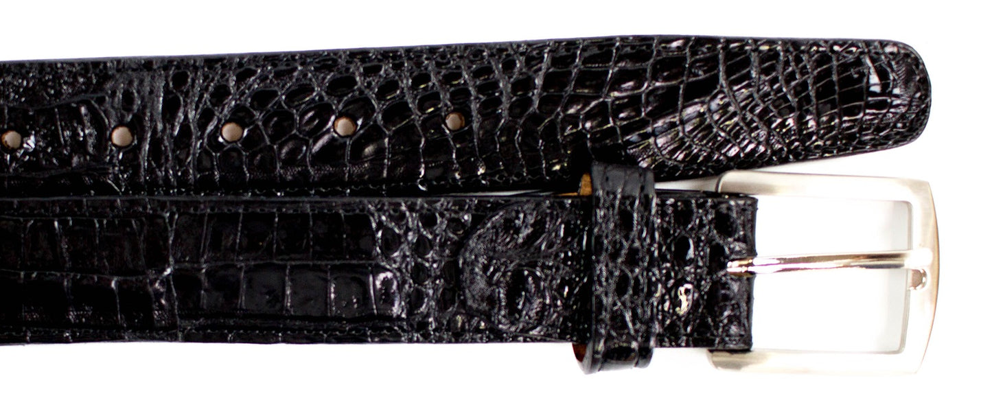 Belvedere's Caiman Crocodilus textured leather belt in blue features a silver buckle and multiple holes for easy adjustments.