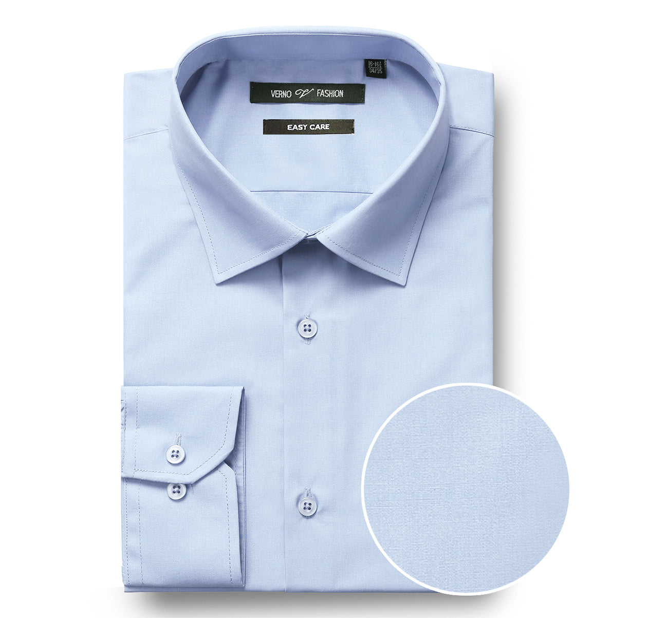 The VERNO Light Blue Classic Fit Long Sleeve Travel Easy-Care Cotton Dress Shirt CS0221 by Renoir features a folded design in light blue with a classic fit, showcasing its spread collar and buttoned cuffs. A close-up highlights the wrinkle-resistant texture of the 100% cotton fabric.