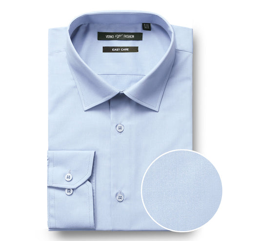 The VERNO Light Blue Classic Fit Long Sleeve Travel Easy-Care Cotton Dress Shirt CS0221 by Renoir features a folded design in light blue with a classic fit, showcasing its spread collar and buttoned cuffs. A close-up highlights the wrinkle-resistant texture of the 100% cotton fabric.