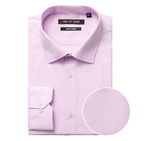 The folded VERNO Light Pink Classic Fit Long Sleeve Travel Easy-Care Cotton Dress Shirt by Renoir features a pointed collar and buttoned cuffs. Made from 100% cotton, the fabric close-up reveals its smooth, fine texture that is also wrinkle-resistant.