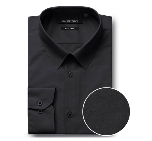 The Renoir VERNO Black Classic Fit Long Sleeve Travel Easy-Care Cotton Dress Shirt (CS0223) is folded neatly, showcasing a close-up inset of its wrinkle-resistant fabric texture.