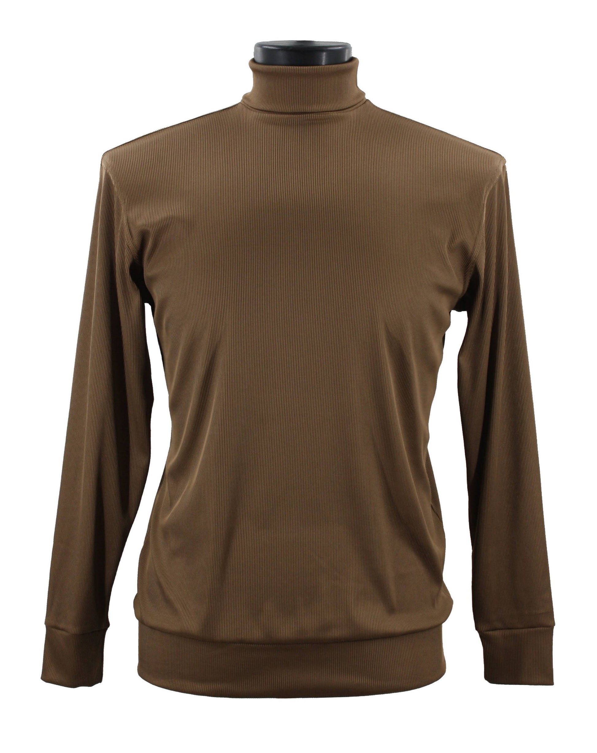 The Bassiri L/S Turtleneck Cappuccino T-Shirt 633, crafted by Bassiri, is a modern-fit long-sleeve turtleneck shirt made with soft microfiber, elegantly displayed on a mannequin.