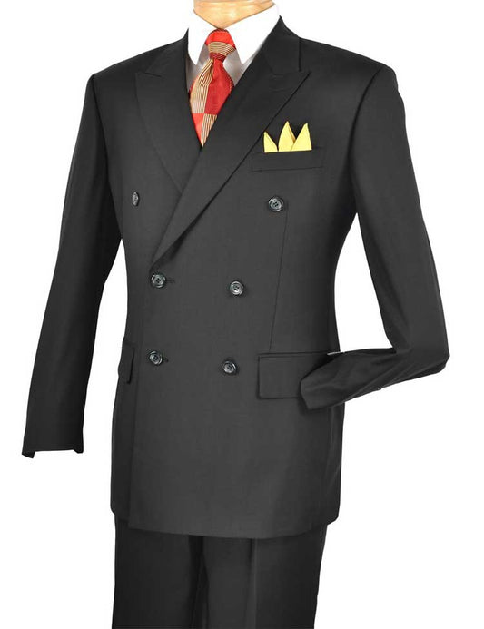 A wrinkle-resistant Vinci Regular Fit Double Breasted 2 Piece Suit with a flexible elastic waistband in black, paired with a red and yellow tie and a yellow pocket square, elegantly displayed on a mannequin.