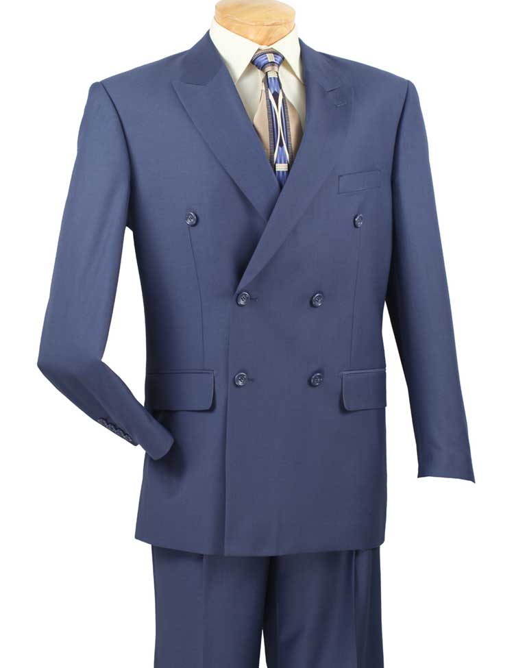 On display is the Vinci Regular Fit Double Breasted 2 Piece Suit with Flexible Elastic Waistband in blue, featuring a wrinkle-resistant design. This mannequin showcases it paired with a light shirt and a striped tie.