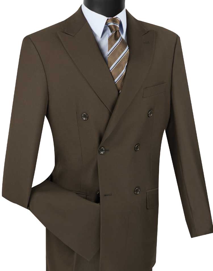 A Vinci Regular Fit Double Breasted 2 Piece Suit with Flexible Elastic Waistband in brown from Vinci Suits is elegantly displayed on a black mannequin torso, paired with a light blue shirt and a brown striped tie, set against a crisp white background.