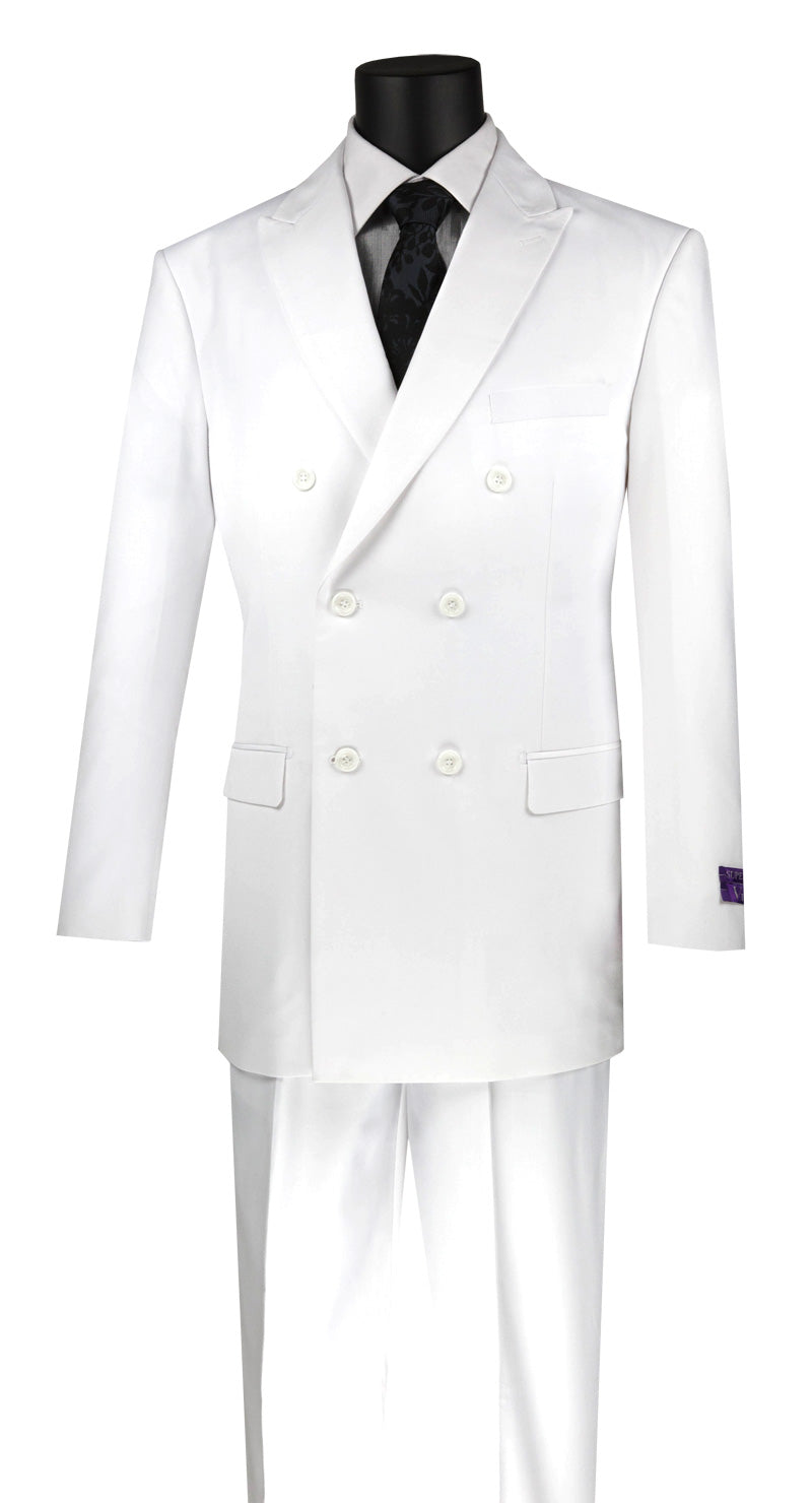 The Vinci Suits Regular Fit Double Breasted 2 Piece Suit in white, featuring a flexible elastic waistband, is beautifully displayed on the mannequin alongside a sleek black shirt and tie, presenting an elegant and timeless look.