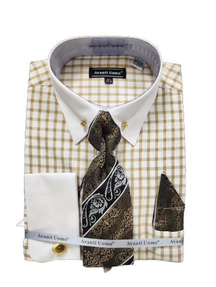 A folded "AVANTI UOMO WINDOW PANE" dress shirt with a paisley tie and pocket square, featuring gold cufflinks and a stone collar bar, labeled "Avanti Uomo.