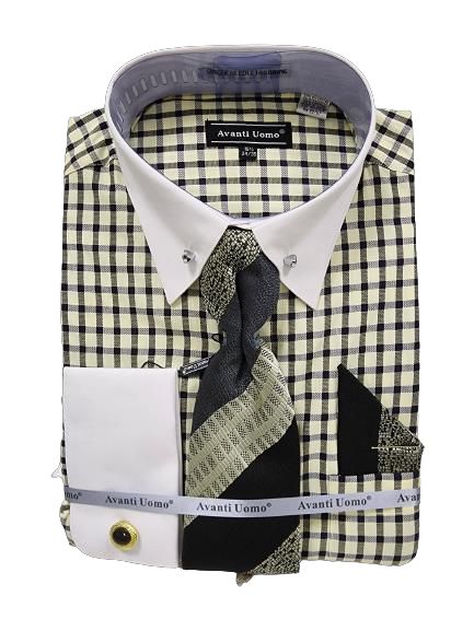 Window pane white collar cuff dress shirt featuring a stone collar bar and secured with Avanti Uomo packaging, paired with a contrasting black and olive tie and pocket square.