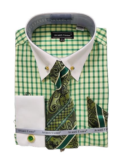 AVANTI UOMO's green and white checkered dress shirt with a white collar, featuring a stone collar bar (Model DN128M), paired with a green paisley tie and matching pocket square, folded neatly.