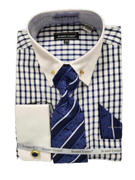 An AVANTI UOMO dress shirt, featuring a navy window pane pattern with a white collar and cuffs, artfully folded with a coordinated blue patterned tie and pocket square.