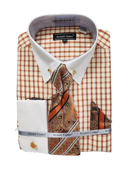 AVANTI UOMO's window pane shirt featuring a white collar and cuffs, complemented by a paisley tie and matching pocket square, all elegantly secured with a branded band.