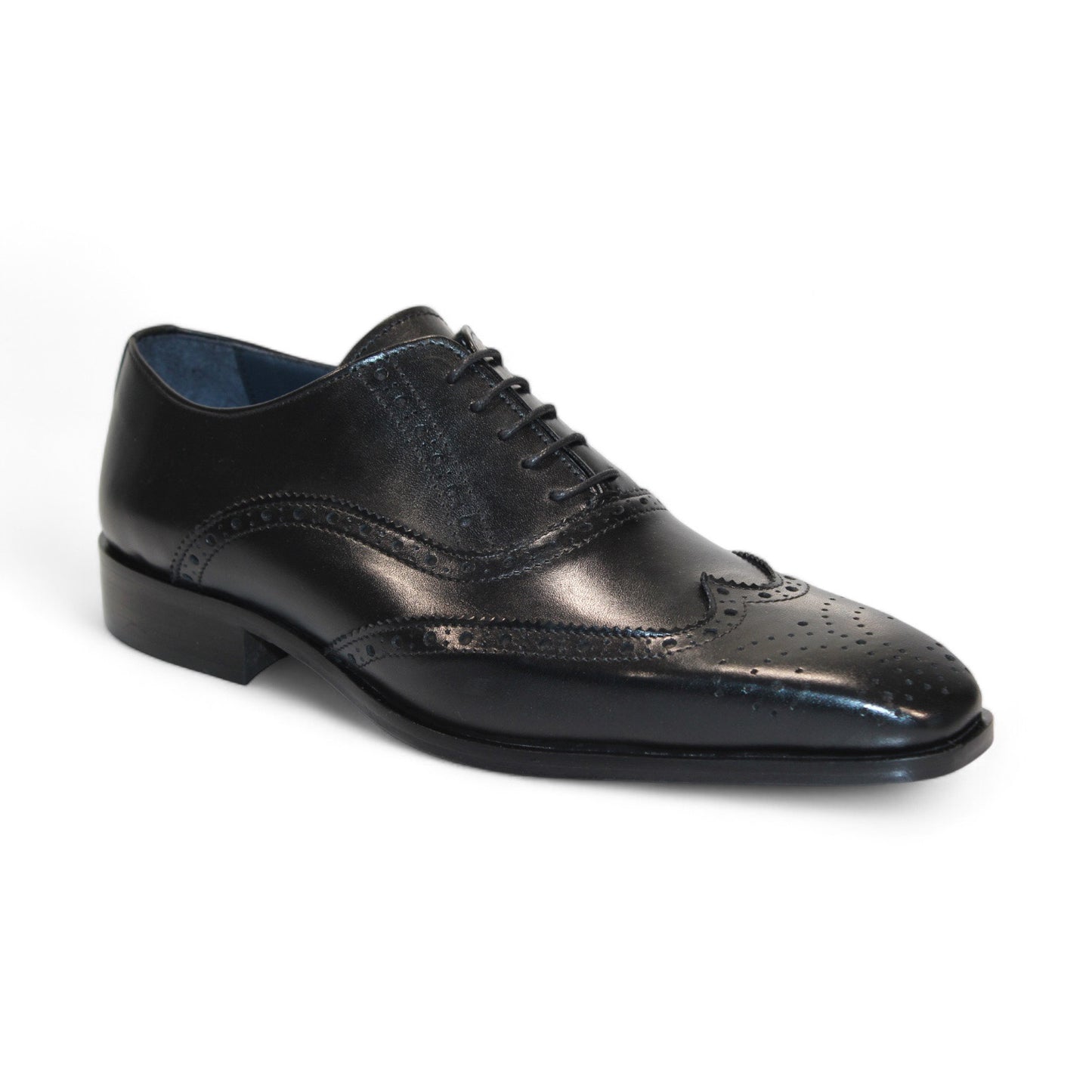 The Firmani Donald Black Shoes offer a sophisticated leather dress shoe featuring brogue detailing and a lace-up design, expertly crafted in Italy.