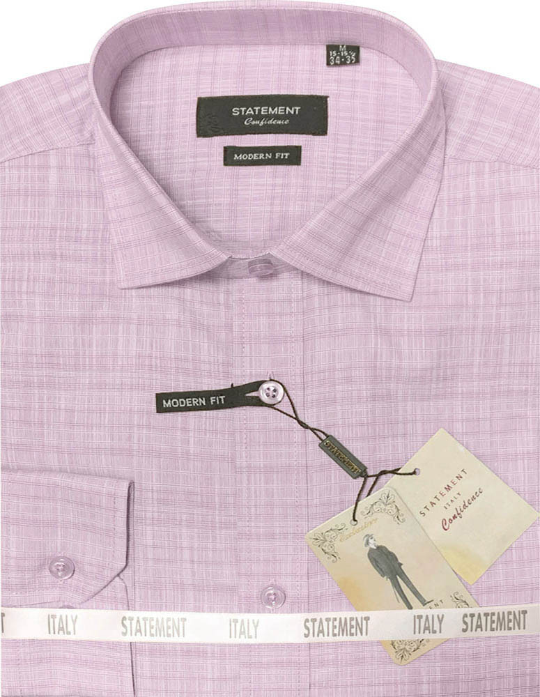 A folded men’s dress shirt in light pink, known as "Cotton Self Textured Dress Shirt DS-102-PINK," is made from 100% cotton. It showcases the "Statement Clothing" branding, labeled as “Modern Fit” with an attached tag, delivering both comfort and style.