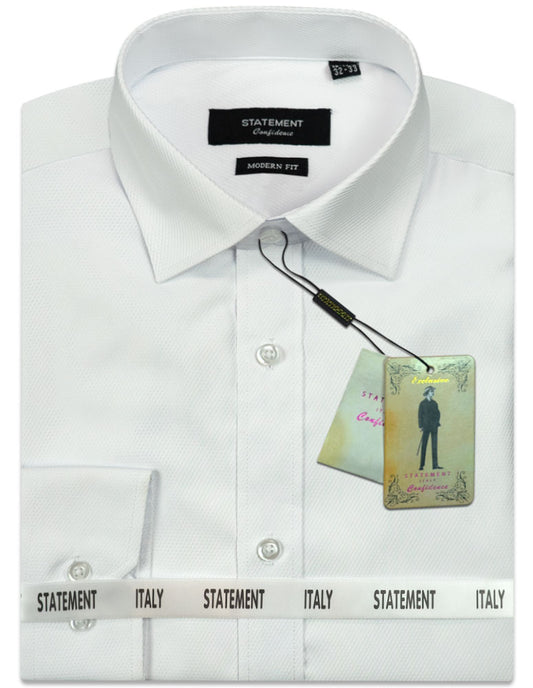 Presenting the STATEMENT CLOTHING | COTTON PIN DOT DRESS SHIRT DS-101-WHITE, a white men's dress shirt designed with a pointed collar and crafted from high-quality cotton for superior comfort. Featuring the Statement Clothing brand tags and "Italy" prominently displayed on its packaging, this modern-fit garment beautifully merges timeless elegance with a contemporary flair.