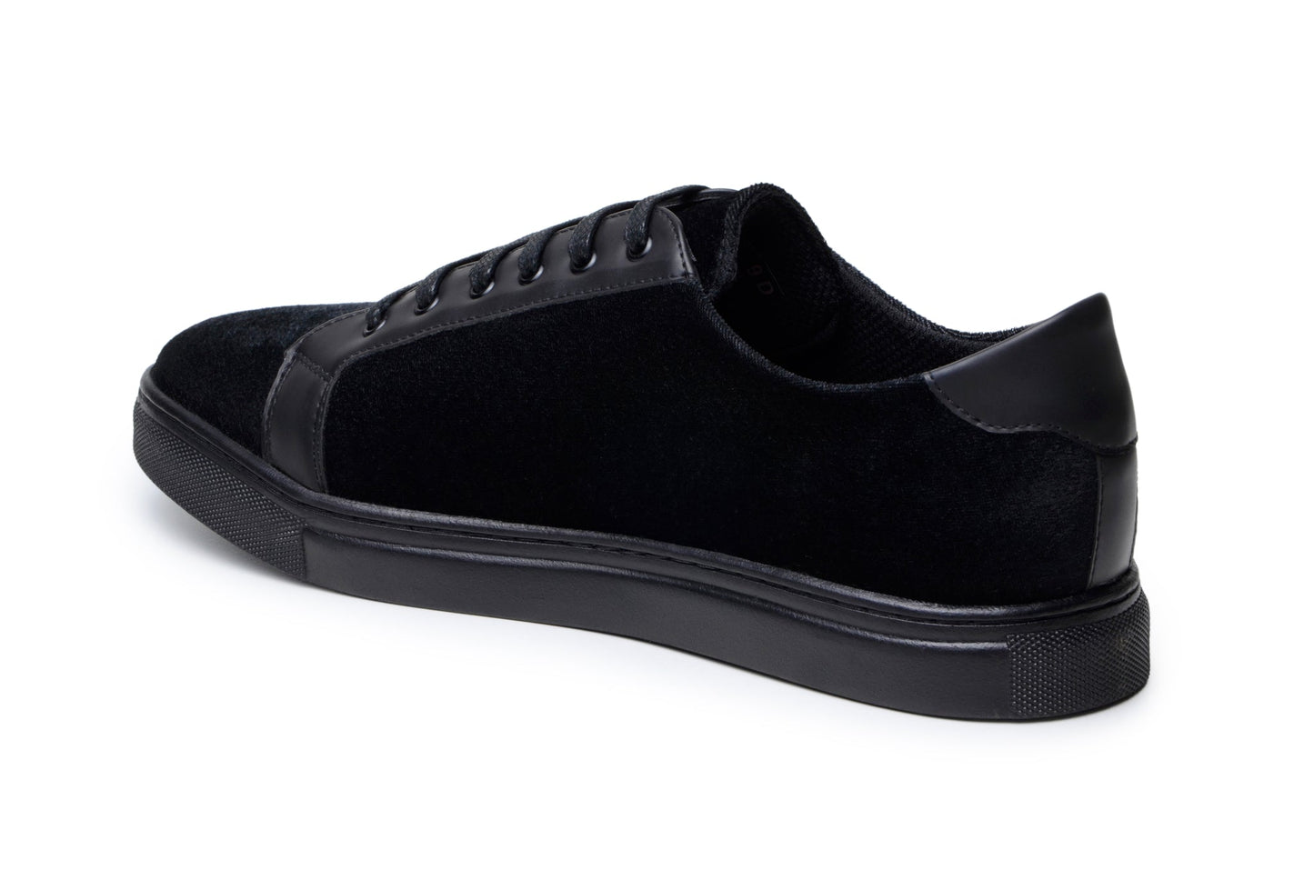 The Belvedere - Prince sneaker by BELVEDERE showcases a sleek black design with a velvet and matte leather finish, complemented by a rubber sole and foam cushioned insole for improved comfort, seen from the side.