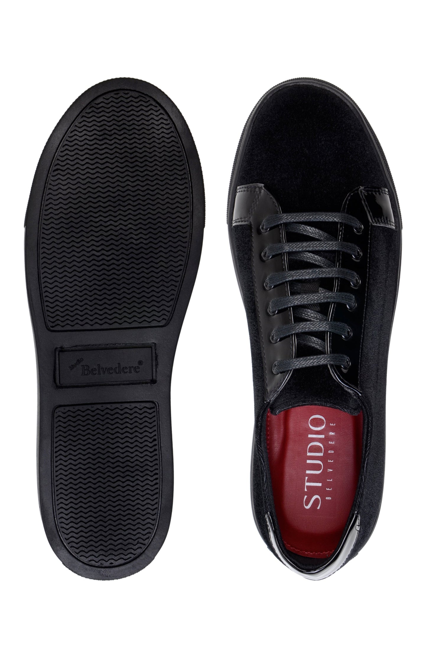 The Belvedere - Prince sneaker by BELVEDERE showcases a sleek black design with a velvet and matte leather finish, complemented by a rubber sole and foam cushioned insole for improved comfort, seen from the side.