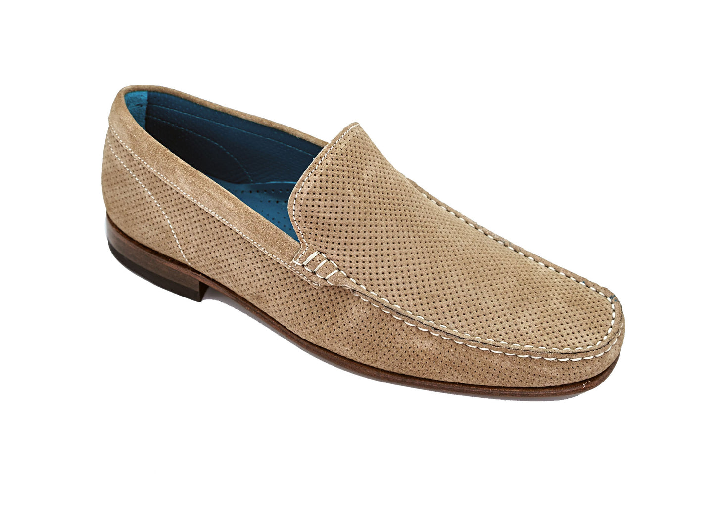 Side view of the GIOVACCHINI Diego Havana Suede Loafer featuring a perforated design, dark sole, and visible stitching, expertly crafted in Italy, isolated on a white background.