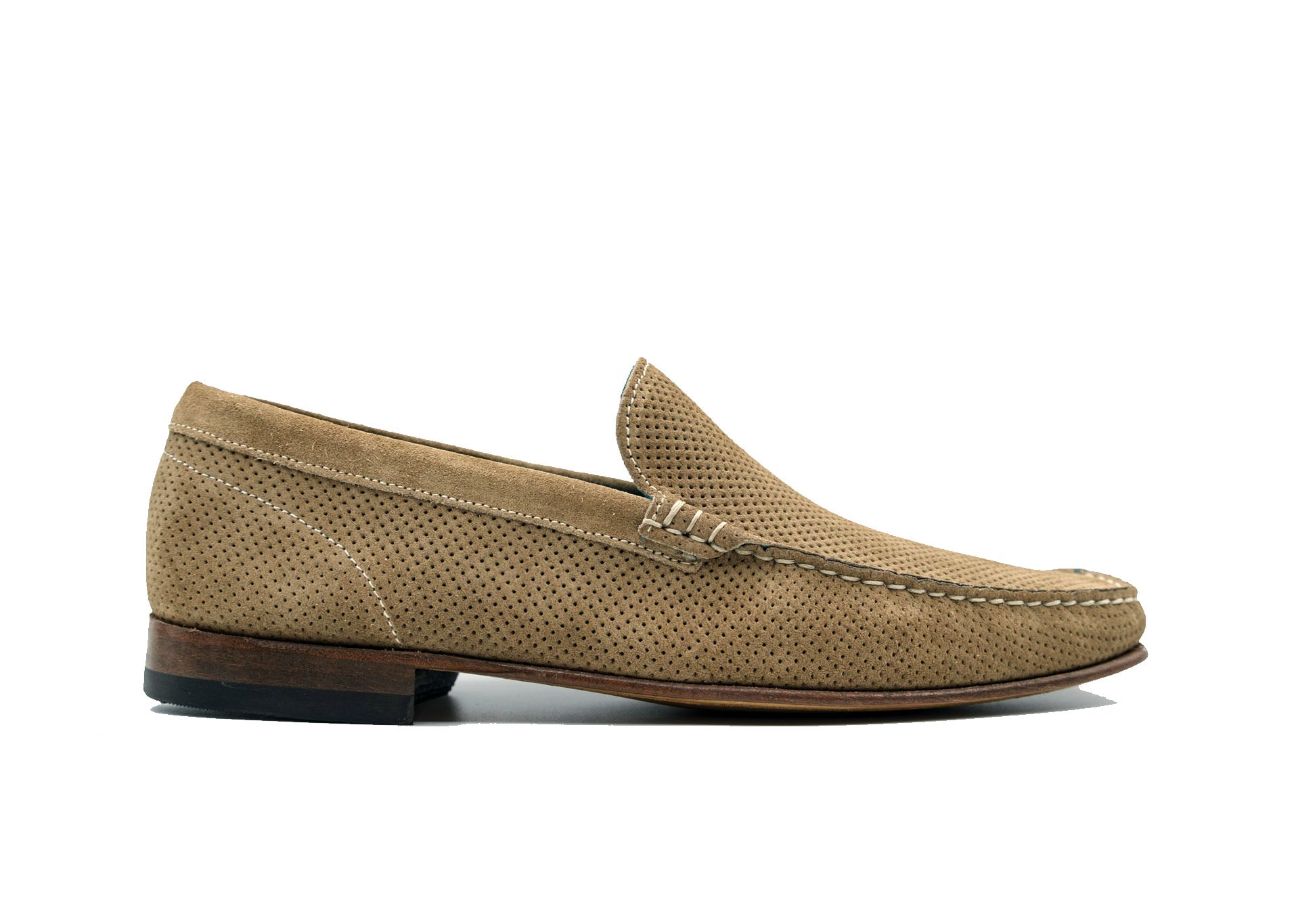 Side view of the GIOVACCHINI Diego Havana Suede Loafer featuring a perforated design, dark sole, and visible stitching, expertly crafted in Italy, isolated on a white background.