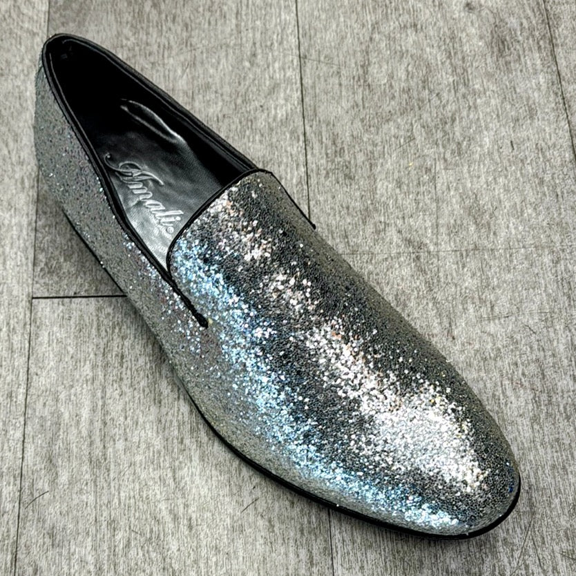 One Exclusive Formal Dress Shoe Silver BARNES, expertly crafted by UNIQUE DESIGN MENSWEAR from genuine leather, elegantly resting on a wooden floor.