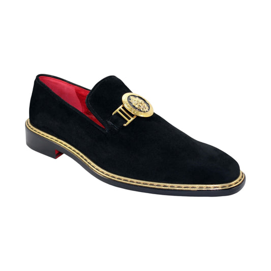 The Emilio Franco Couture "EF102" Black Shoes are beautifully crafted in Italy, showcasing a lavish gold trim, red inner lining, and a decorative gold emblem on the upper side.