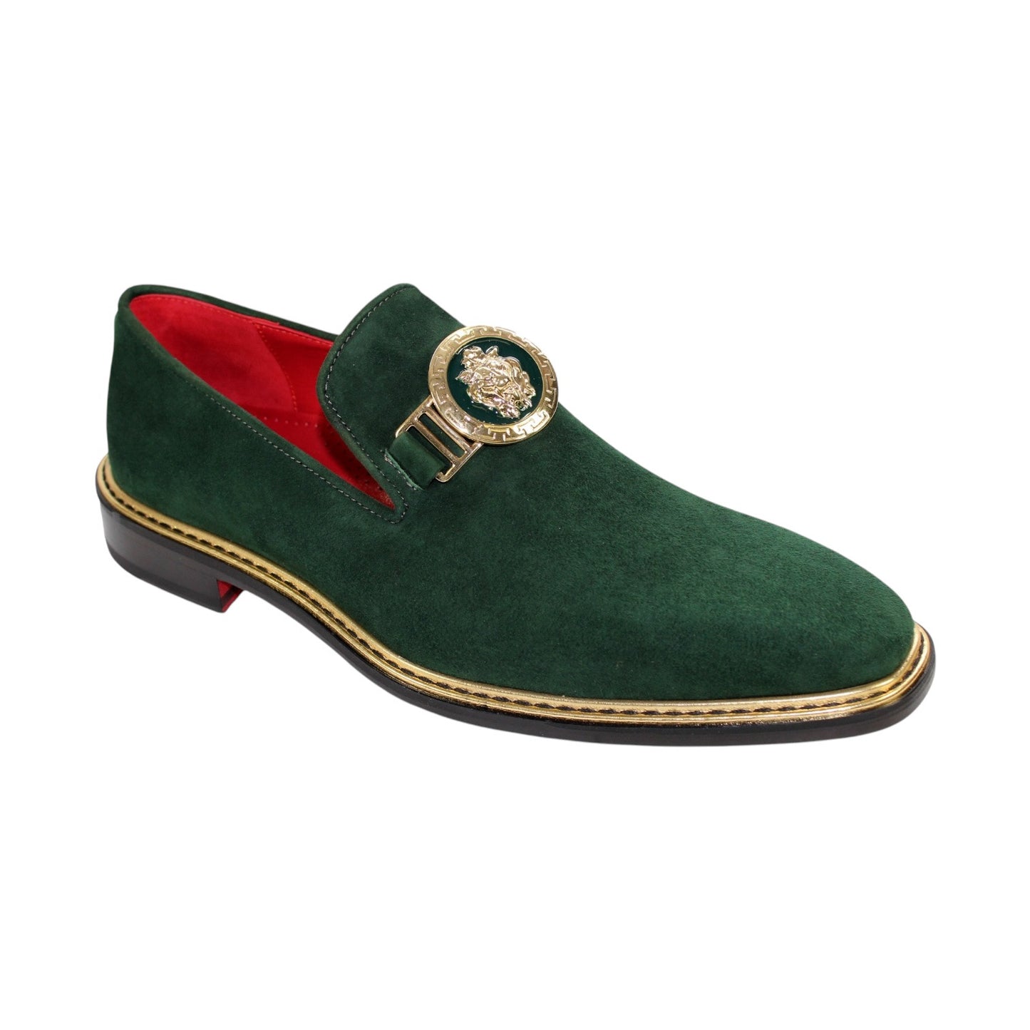 Experience the elegance of Italian craftsmanship with the Emilio Franco Couture "EF102" green suede shoe. This exquisite piece is adorned with a gold buckle and features a striking red interior, decorative emblem, and gold-trimmed sole, effortlessly combining luxury and style.