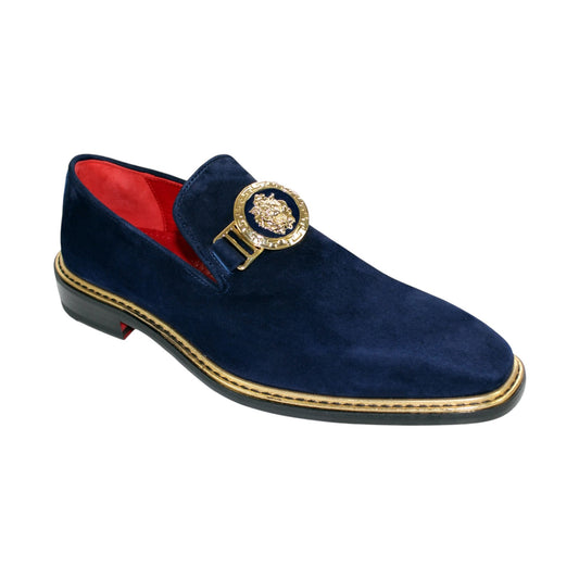 Emilio Franco Couture "EF102" navy shoes, crafted in Italy, feature a navy suede design with a gold buckle and red lining, complete with a round decorative emblem on the strap.