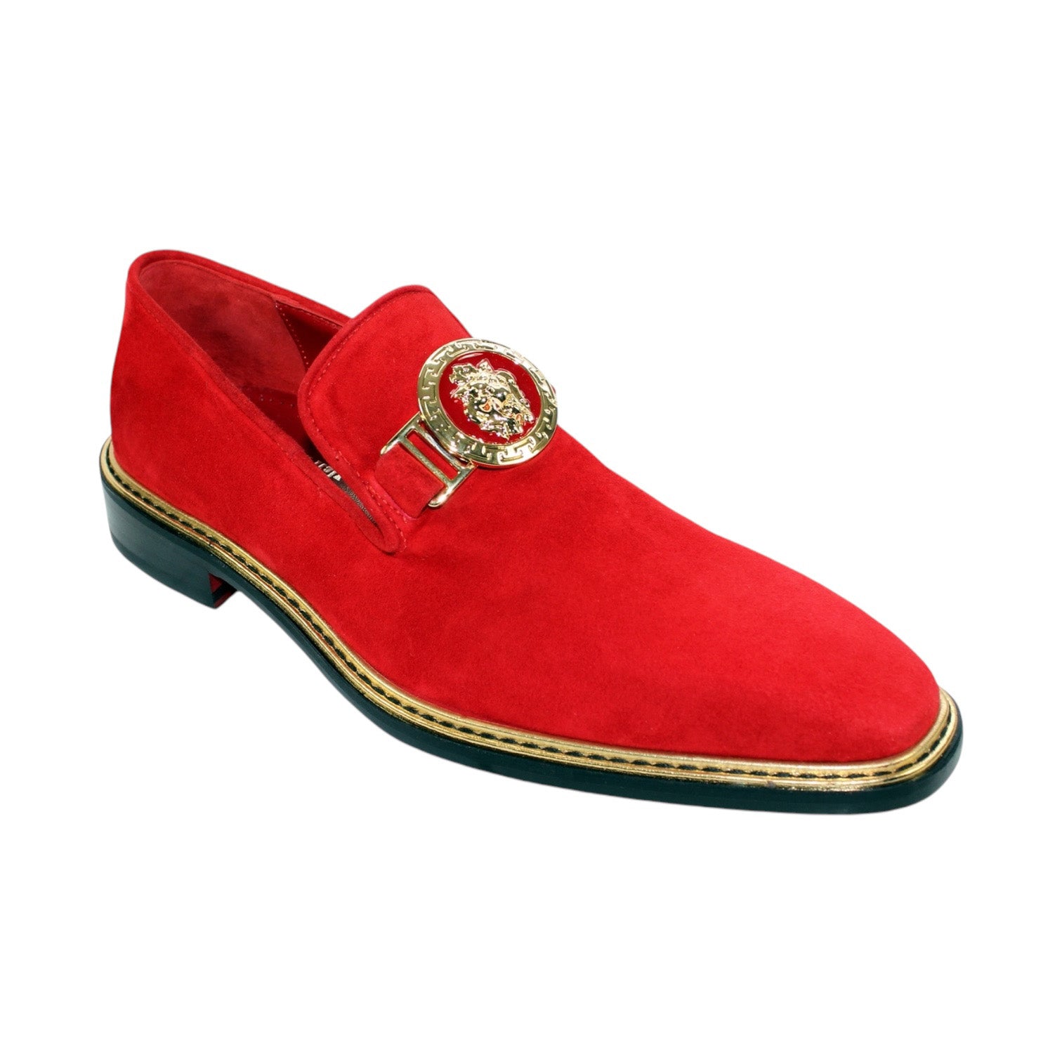 Emilio Franco Couture's "EF102" red shoes are Italian-crafted suede loafers featuring a gold emblem on the vamp and luxurious gold trim around the sole.