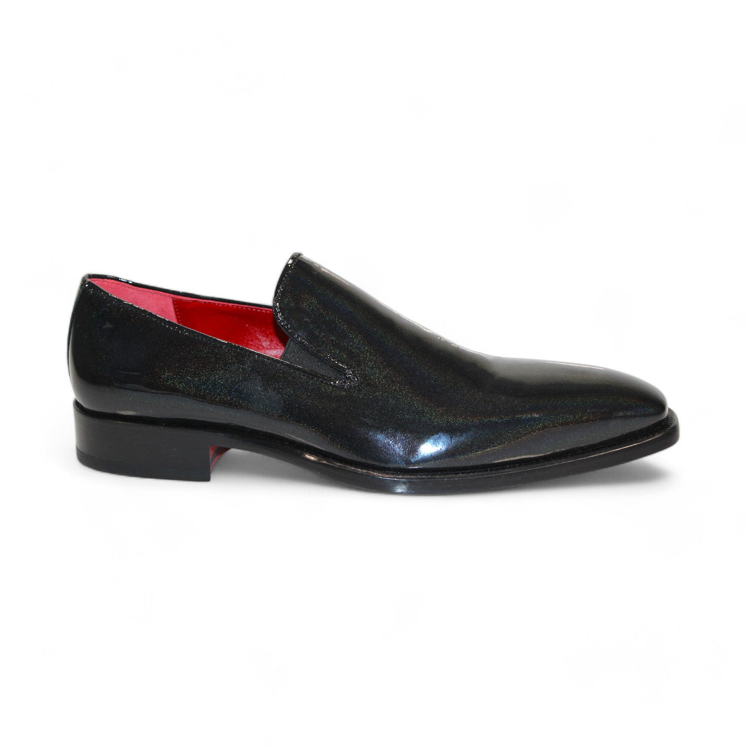 A pair of Emilio Franco Couture "EF13" shoes, featuring shiny patent croco slip-on design in black and white, with striking red leather interiors and wooden soles, showcased against a white background. Crafted with Italian precision by Emilio Franco Couture, these shoes exude elegance and style.