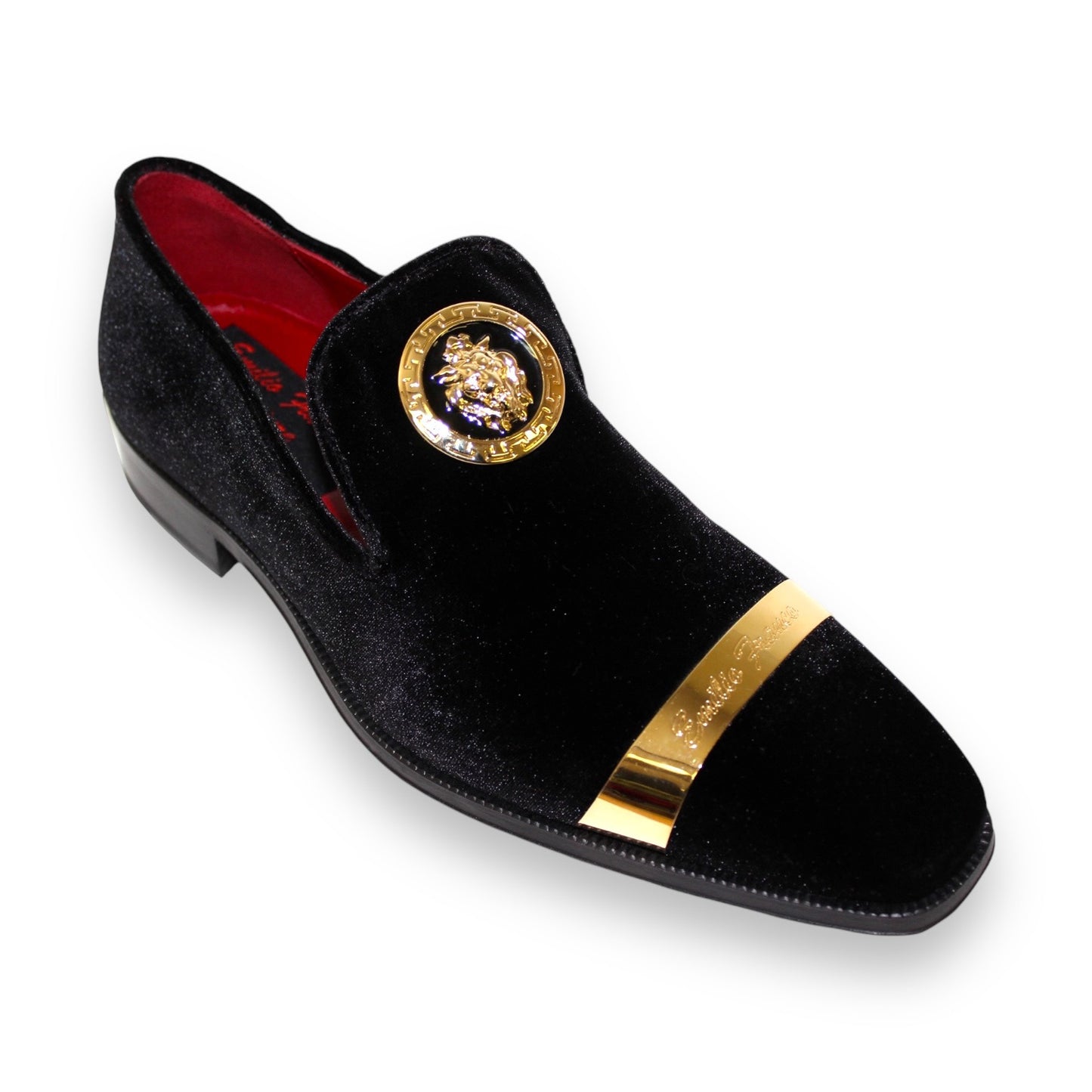 Introducing the Emilio Franco Couture "EF13P" Black/Gold Shoes—luxurious loafers in black velvet, inspired by Italian craftsmanship. These elegant shoes are adorned with a gold metal embellishment on the toe and feature a decorative gold crest on the upper.