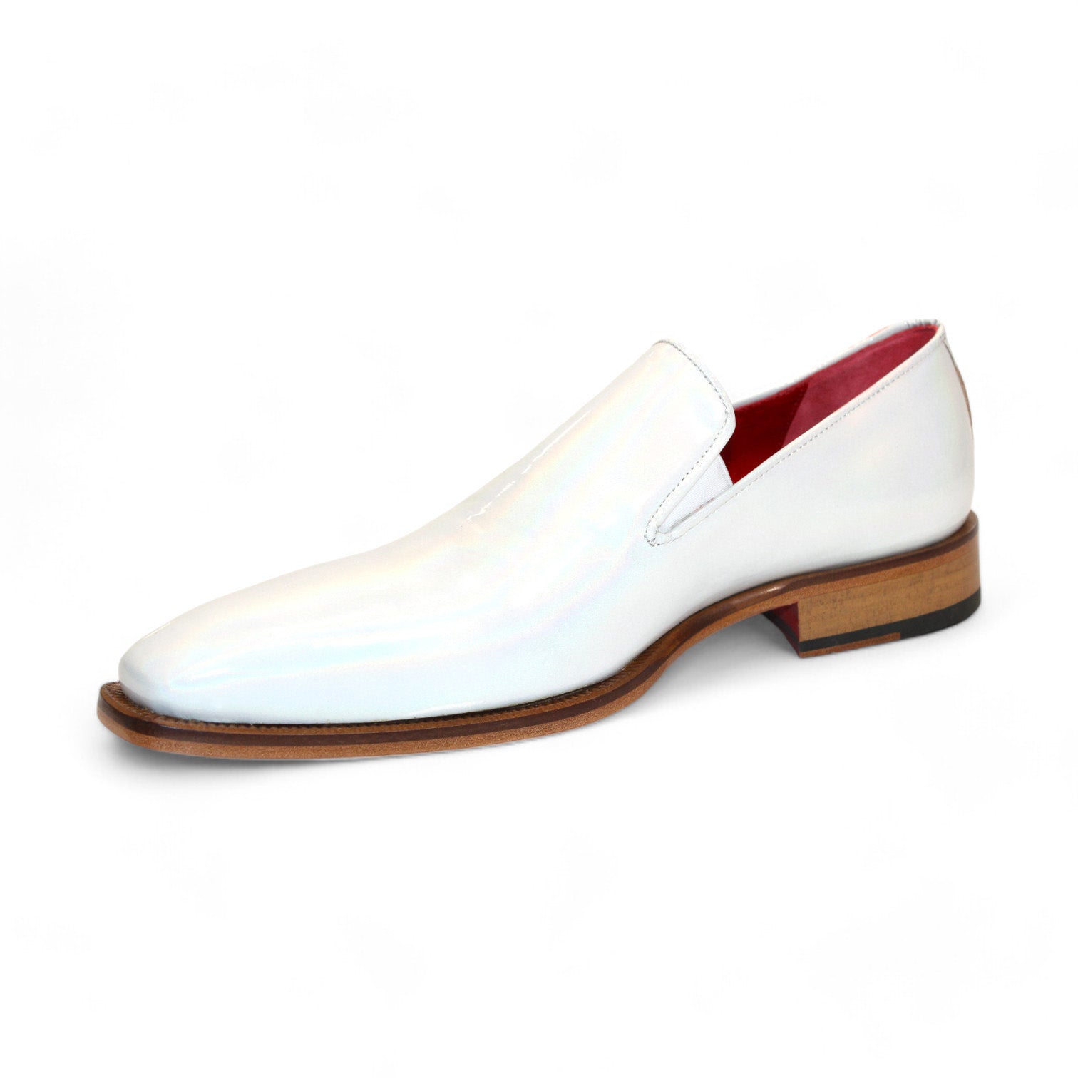 The Emilio Franco Couture "EF13" white patent leather slip-on dress shoes feature a wooden sole and a striking red interior lining, crafted in Italy, displayed against a plain background.